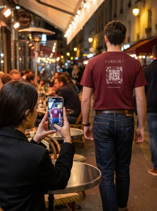 Someone scanning the GoHara QR code at a café